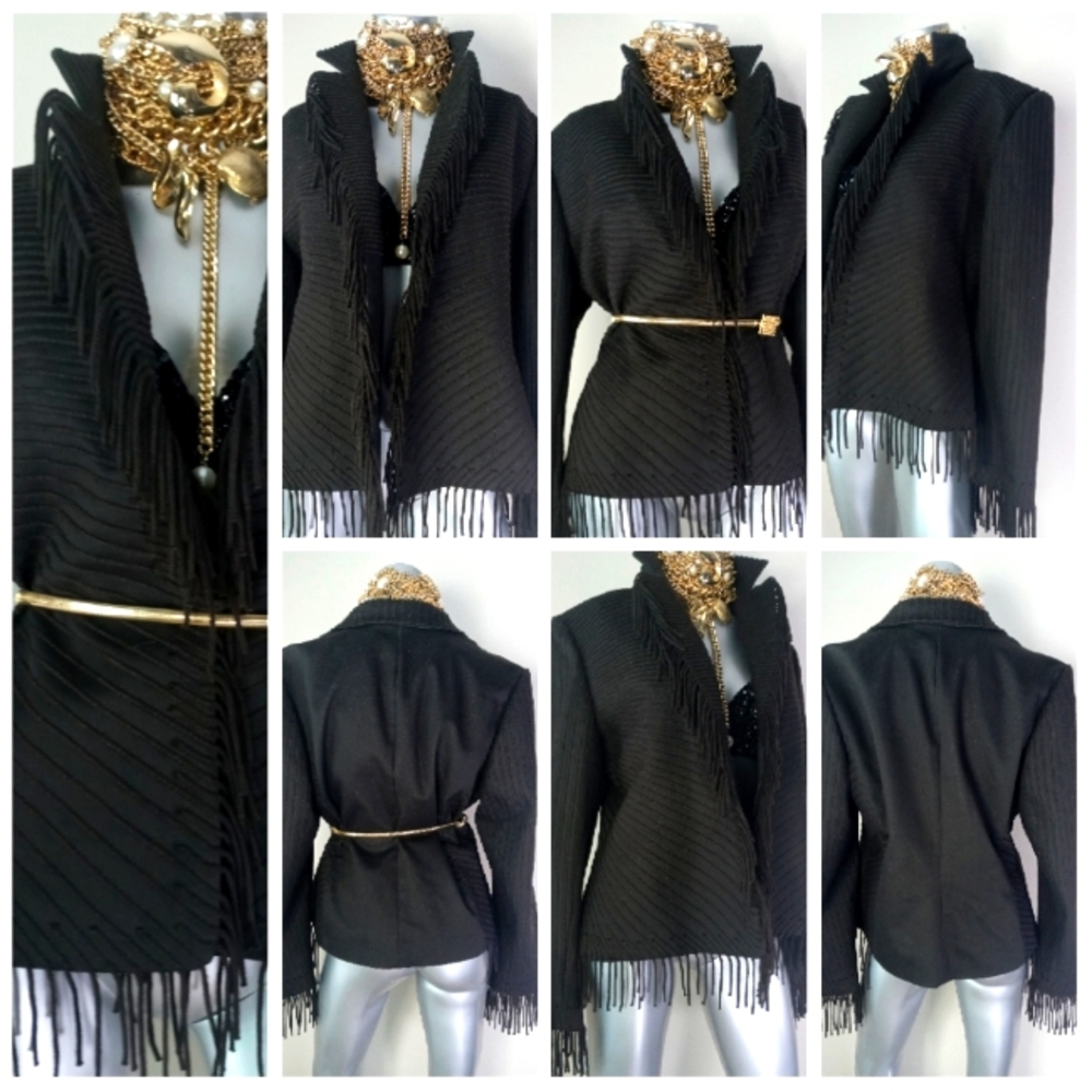 Company Ellen Tracy Open Front Fringe Chocolate Striped Cotton Blend Jacket - Picture 11 of 13